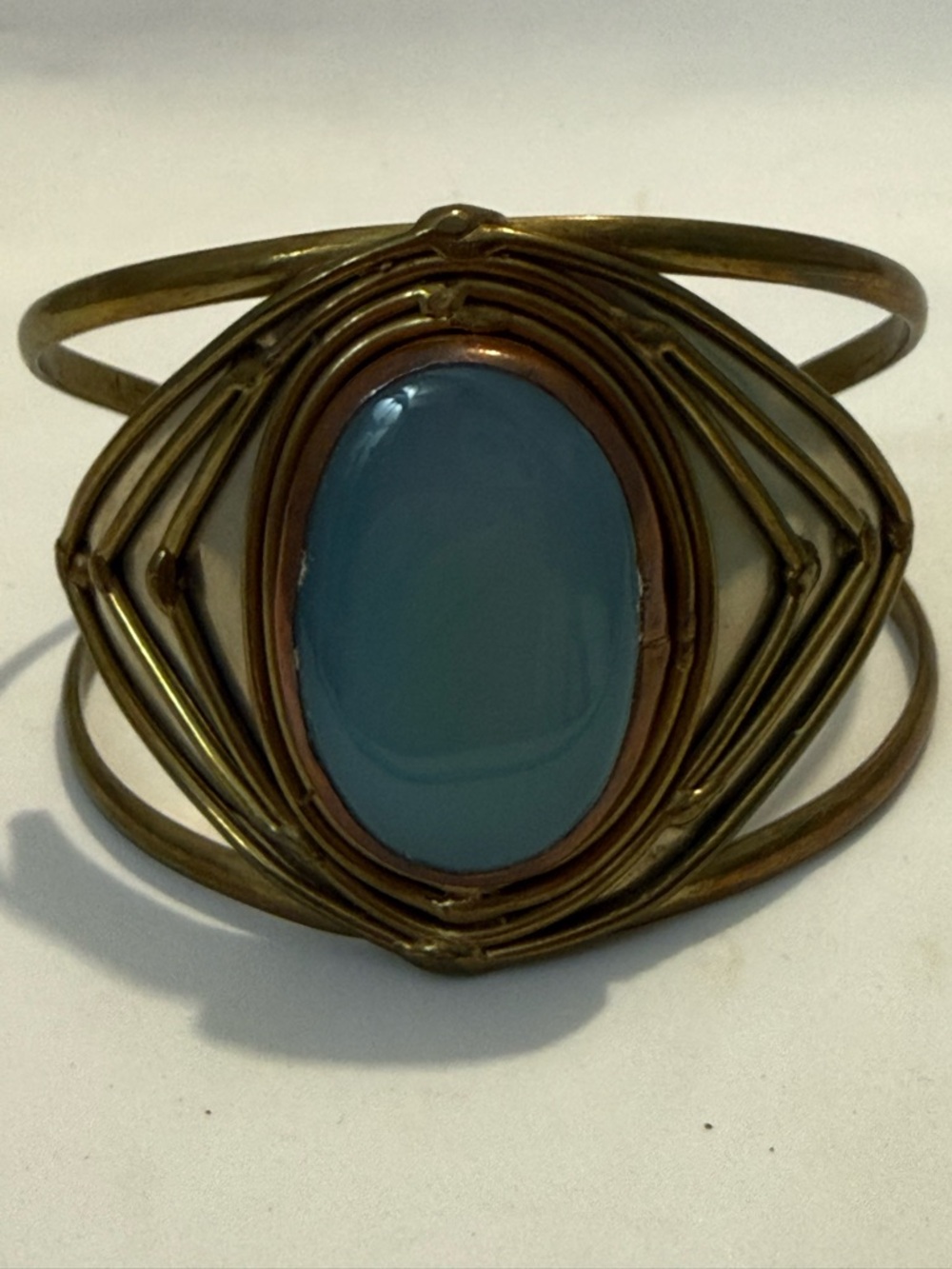 Sky Blue Natural Stone Brass & Silver Cuff Bracelet